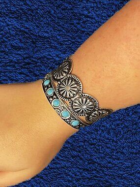 Southwest/ Boho Style Stack Burnished Silver Medallion & Turquoise Duo -Set of 2